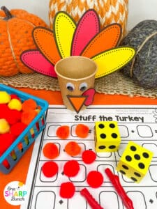 Add these stuff the turkey fine motor activities to your Thanksgiving math centers! These turkey math centers are great for practicing 1:1 counting, subitizing, adding, and making 10. Plus, strengthen fine motor skills, as you build number sense, with these stuff the turkey math games and fine motor activities for Thanksgiving. These turkey math activities can be played independently or with a partner during math workshop, morning work, or as an early finishers activity!