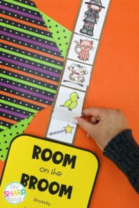 This simple Room on the Broom craft for sequencing is perfect for preschool, kindergarten, and first grade! This sequencing activity is great for sequencing events of the story while working on fine motor skills, including scissor cutting skills and gluing. After reading Room on the Broom, practice using your Room on the Broom craft for retelling the story. This is a great Halloween activity to add to your October lesson plans or Halloween Party. It also makes a cute Halloween bulletin board!
