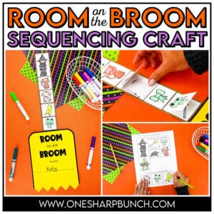 This simple Room on the Broom craft for sequencing is perfect for preschool, kindergarten, and first grade! This sequencing activity is great for sequencing events of the story while working on fine motor skills, including scissor cutting skills and gluing. After reading Room on the Broom, practice using your Room on the Broom craft for retelling the story. This is a great Halloween activity to add to your October lesson plans or Halloween Party. It also makes a cute Halloween bulletin board!