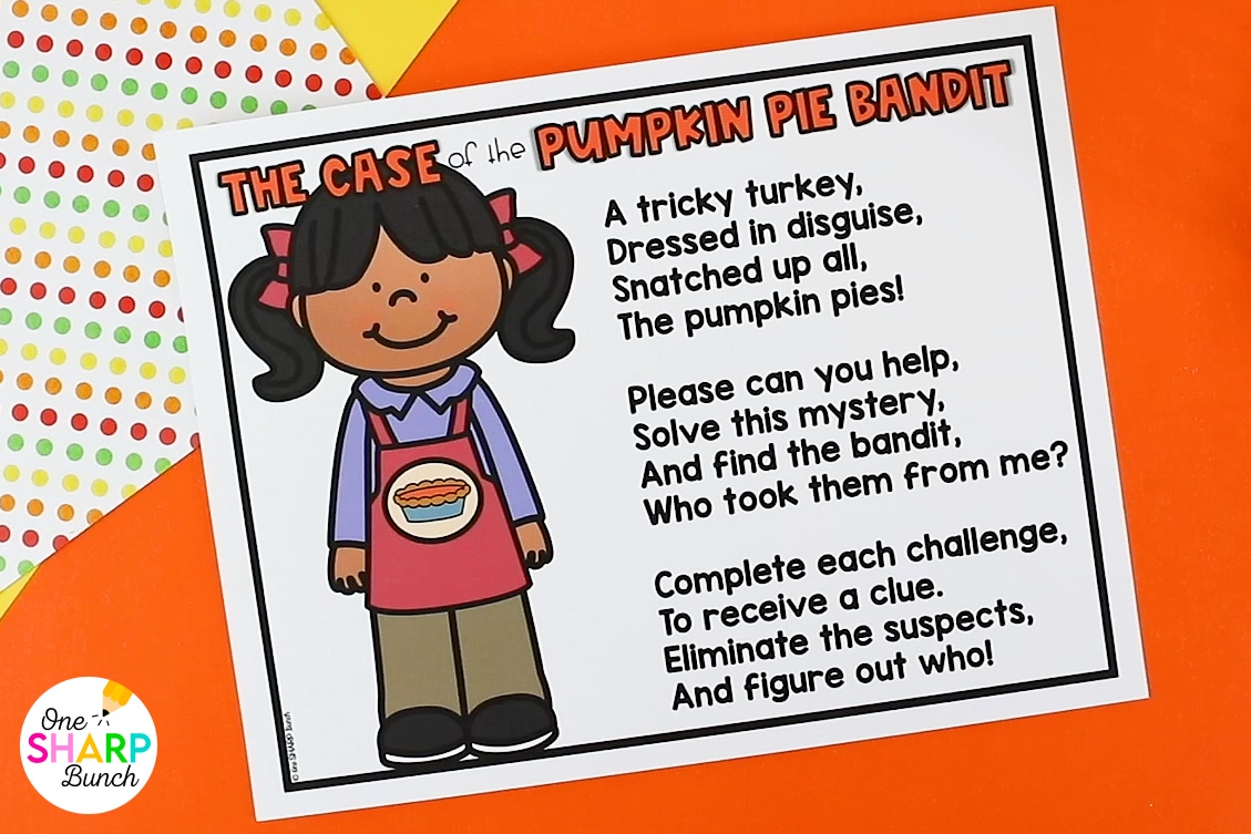 Celebrate Thanksgiving, as you review math and literacy skills, with these engaging Thanksgiving centers for kindergarten & first grade. These Thanksgiving Escape Room activities can be used for a classroom Thanksgiving Party or turkey math and literacy centers. Students will practice CVC words, syllables, rhyming words, decomposing five and more. They will enjoy finding out which turkey in disguise stole the pumpkin pies with these Thanksgiving math centers and Thanksgiving literacy centers!