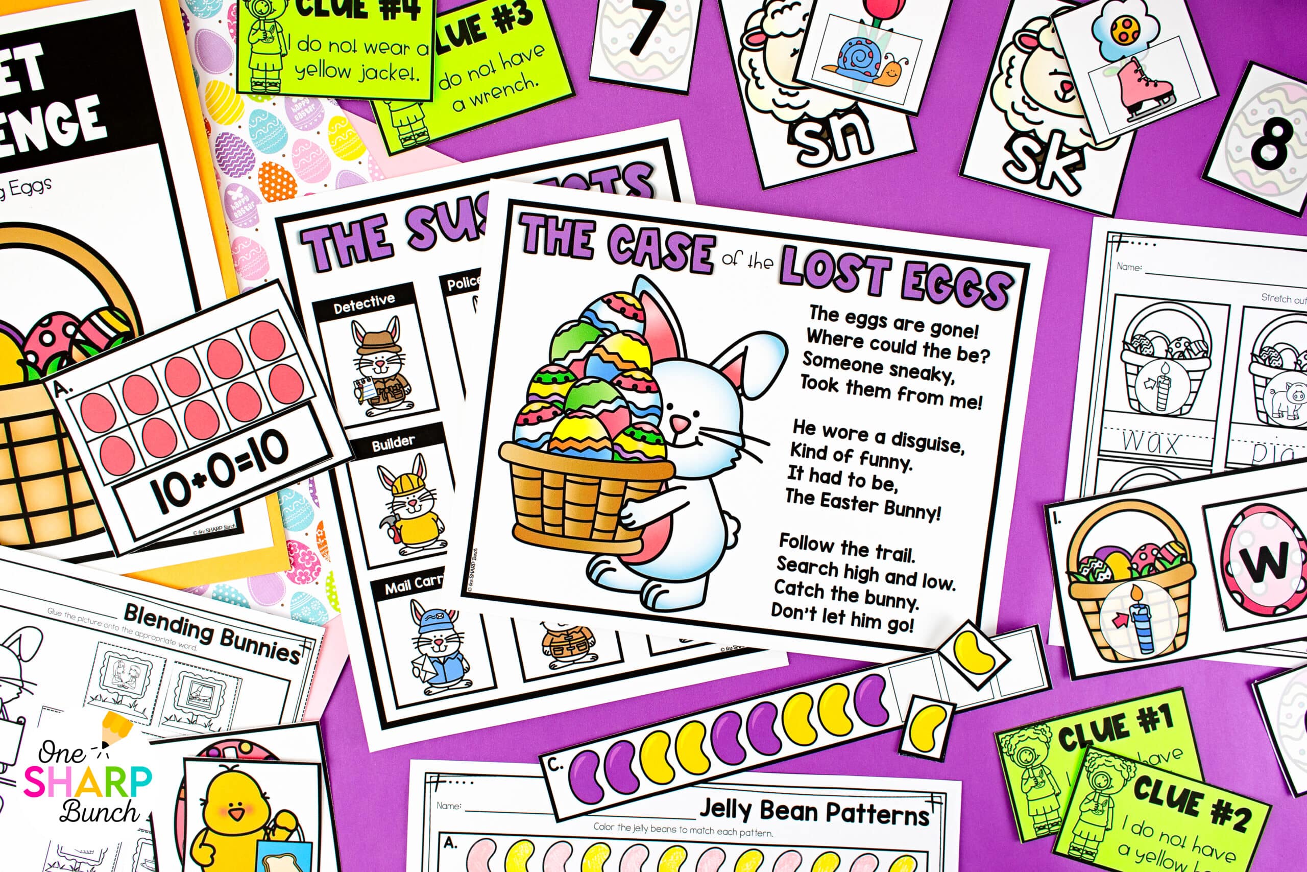 Discover who has stolen the Easter eggs, while reviewing math and literacy skills, with these Easter escape room spring activities for kids! Students will complete up to eight different Easter centers for kindergarten. At the spring literacy centers and spring math centers, the students practice CVC words, syllables, digraphs, blends, subtracting from 5, decomposing 10, extending patterns and ordering numbers. Easily plan your Easter activities with these spring centers for kindergarten!
