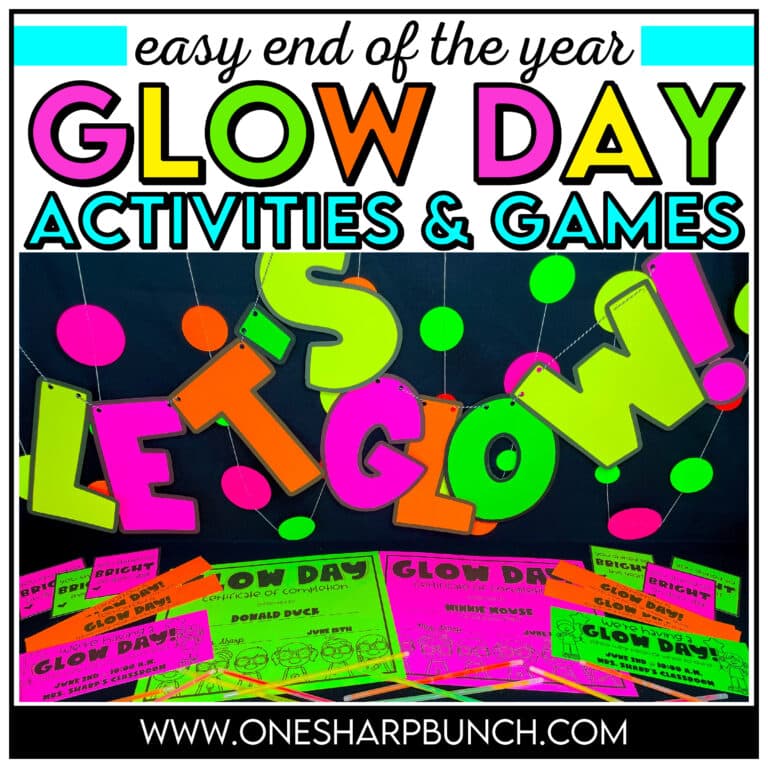 Transform your classroom and celebrate the end of the year with an unforgettable Glow Day! Review math and literacy skills with these Glow Day activities! Your kindergarten and first grade students will love this classroom transformation. This classroom theme day for the end of the year includes 8 glow day math activities and 8 glow day literacy activities. You also get a glow day science experiment. This ultimate glow day party guide gives you tons of glow day ideas your students will love!