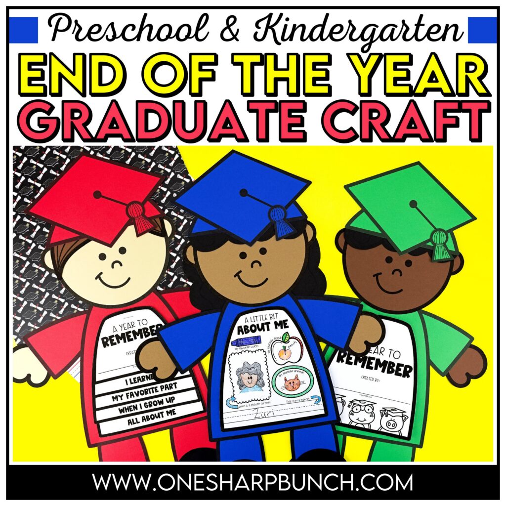 Commemorate the school year with this end of the year craft for preschool graduation or kindergarten graduation! Perfect for little hands, this graduation craft adds a personal touch to their special day during the end of the year countdown! This end of the year craft is a great alternative to the traditional end of the year memory book. Use these end of the year crafts for your end of the year bulletin board and end of the year activities. Plus, this graduate craft makes the perfect keepsake!