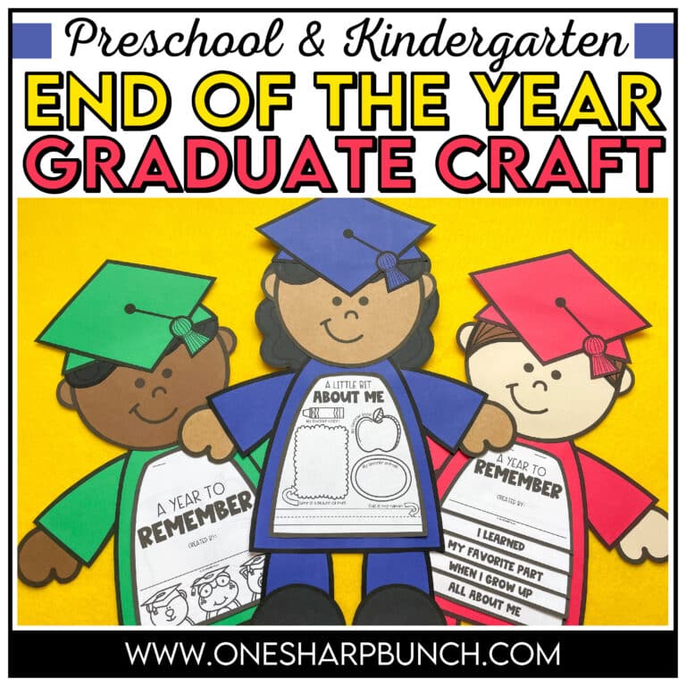 Commemorate the school year with this end of the year craft for preschool graduation or kindergarten graduation! Perfect for little hands, this graduation craft adds a personal touch to their special day during the end of the year countdown! This end of the year craft is a great alternative to the traditional end of the year memory book. Use these end of the year crafts for your end of the year bulletin board and end of the year activities. Plus, this graduate craft makes the perfect keepsake!
