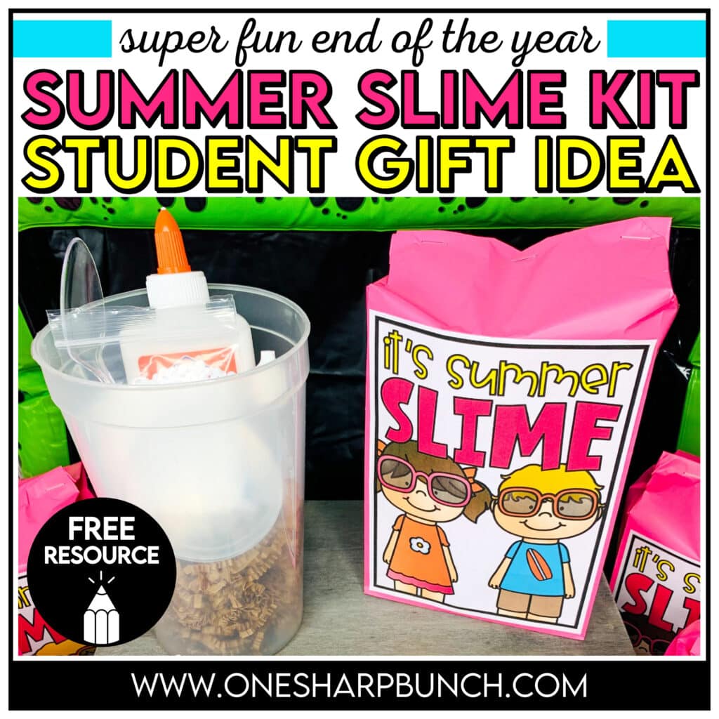 Beat the summer boredom bug and keep your students busy with this easy to assemble DIY slime kit and end of the year student gifts! Make the end of the year countdown to summer more entertaining with these slime gifts for students! Discover my no mess DIY slime recipe and grab the FREE slime gift tags for these end of the year gifts for students. Gift these summer slime kits during your end of the year party. Plus, use these slime student gifts for the end of the year over summer vacation!