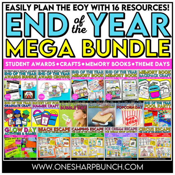 Get ready for your end of the year countdown with these end of year countdown activities, including 110 end of the year student awards, 2 memory books, 3 crafts and 8 theme days! With this MEGA Bundle of End of the Year countdown activities, you will have everything you need to keep students engaged right up to the very last day of school. You’ll get all 16 of my best-selling EOY resources in 1 easy bundle at nearly 45% OFF! Ditch the overwhelm and feel confident and stress-free with the last month of the school year all planned for you!