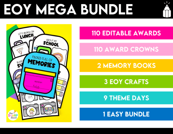 End of Year Countdown Activities, Student Awards, Memory Book, Crafts Bundle Get ready for your end of the year countdown with these end of year countdown activities, including 110 end of the year student awards, 2 memory books, 3 crafts and 8 theme days! With this MEGA Bundle of End of the Year countdown activities, you will have everything you need to keep students engaged right up to the very last day of school. You’ll get all 16 of my best-selling EOY resources in 1 easy bundle at nearly 45% OFF! Ditch the overwhelm and feel confident and stress-free with the last month of the school year all planned for you!