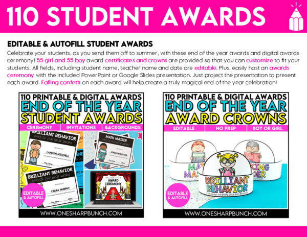 End of Year Countdown Activities, Student Awards, Memory Book, Crafts Bundle Get ready for your end of the year countdown with these end of year countdown activities, including 110 end of the year student awards, 2 memory books, 3 crafts and 8 theme days! With this MEGA Bundle of End of the Year countdown activities, you will have everything you need to keep students engaged right up to the very last day of school. You’ll get all 16 of my best-selling EOY resources in 1 easy bundle at nearly 45% OFF! Ditch the overwhelm and feel confident and stress-free with the last month of the school year all planned for you!