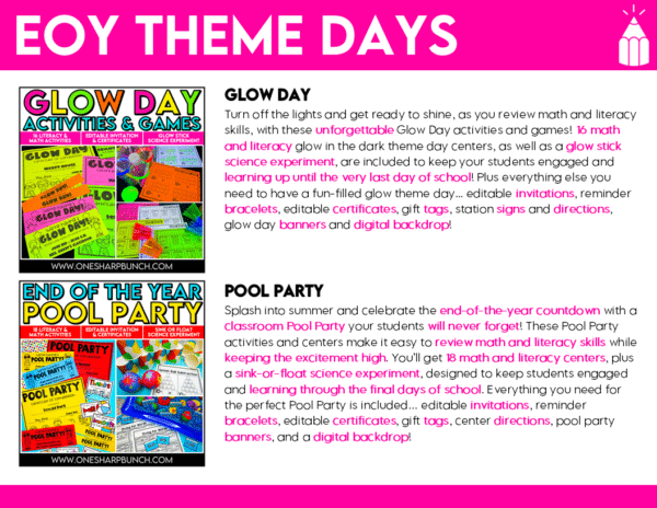 End of Year Countdown Activities, Student Awards, Memory Book, Crafts Bundle Get ready for your end of the year countdown with these end of year countdown activities, including 110 end of the year student awards, 2 memory books, 3 crafts and 8 theme days! With this MEGA Bundle of End of the Year countdown activities, you will have everything you need to keep students engaged right up to the very last day of school. You’ll get all 16 of my best-selling EOY resources in 1 easy bundle at nearly 45% OFF! Ditch the overwhelm and feel confident and stress-free with the last month of the school year all planned for you!
