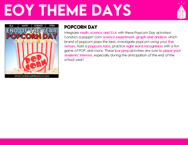 End of Year Countdown Activities, Student Awards, Memory Book, Crafts Bundle Get ready for your end of the year countdown with these end of year countdown activities, including 110 end of the year student awards, 2 memory books, 3 crafts and 8 theme days! With this MEGA Bundle of End of the Year countdown activities, you will have everything you need to keep students engaged right up to the very last day of school. You’ll get all 16 of my best-selling EOY resources in 1 easy bundle at nearly 45% OFF! Ditch the overwhelm and feel confident and stress-free with the last month of the school year all planned for you!