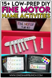 Strengthen fine motor muscles and improve hand-eye coordination with these multisensory DIY name activities for preschool and kindergarten! These easy name recognition and name spelling activities provide a visual, tactile, and kinesthetic experience. These name practice activities and name crafts are low budget and low prep. Use everyday classroom manipulatives for these fine motor name activities! Discover the full list of name practice ideas, perfect for classroom centers or at home use, now!