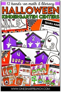 Bring spooky fun to your classroom with 12 low-prep Halloween centers for kindergarten full of hands-on math and literacy activities. These Halloween math centers and Halloween literacy centers are highly engaging and promote student independence. Use these Halloween activities for kids to practice letter recognition, beginning sounds, 1:1 counting, and more! These kindergarten centers for Halloween also work well for your classroom Halloween party stations and Halloween fine motor activities!