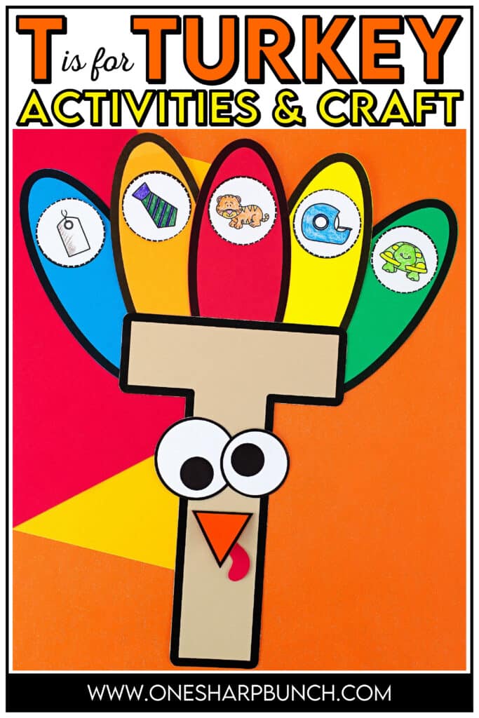 Reinforce beginning sounds while strengthening fine motor skills with this adorable T is for Turkey craft and activities for preschool and kindergarten! Complete the T is for Turkey pocket chart sort before playing the beginning sound game as a literacy center. Then assemble the adorable T is for Turkey craft which is great for working on scissor cutting skills and gluing skills. Your students will love identifying beginning sounds with this Thanksgiving craft for kids!