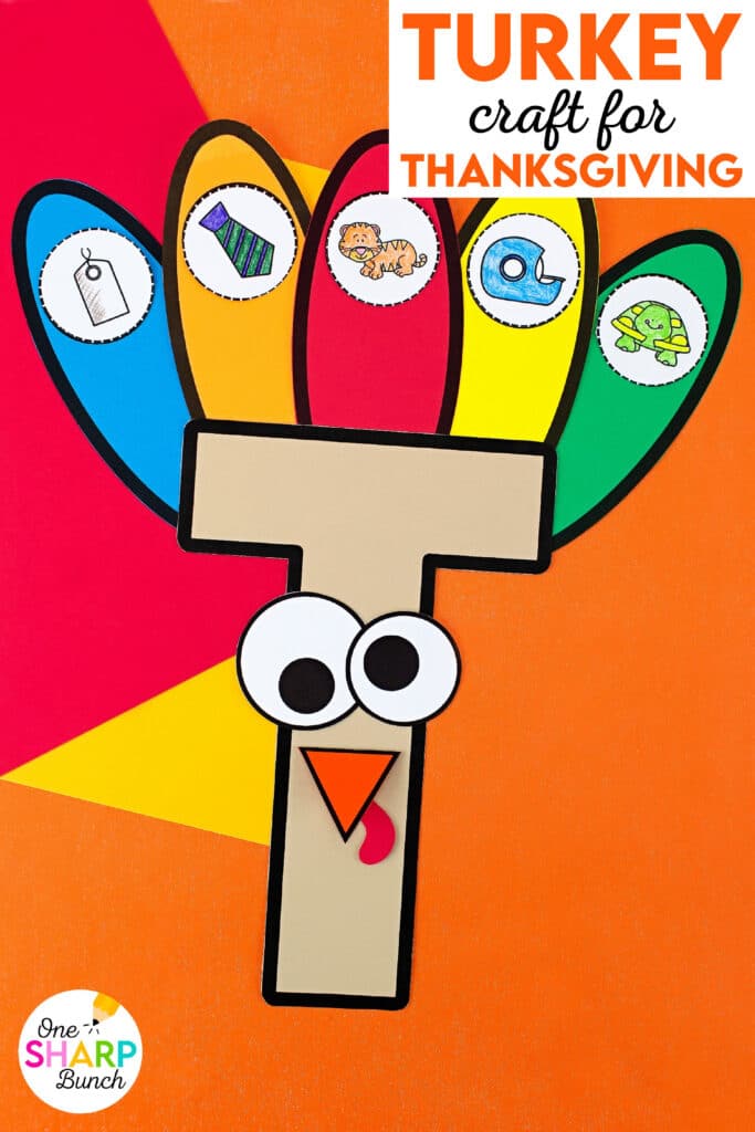 Reinforce beginning sounds while strengthening fine motor skills with this adorable T is for Turkey craft and activities for preschool and kindergarten! Complete the T is for Turkey pocket chart sort before playing the beginning sound game as a literacy center. Then assemble the adorable T is for Turkey craft which is great for working on scissor cutting skills and gluing skills. Your students will love identifying beginning sounds with this Thanksgiving craft for kids!