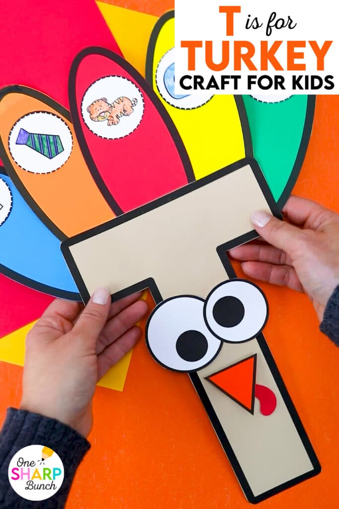 Reinforce beginning sounds while strengthening fine motor skills with this adorable T is for Turkey craft and activities for preschool and kindergarten! Complete the T is for Turkey pocket chart sort before playing the beginning sound game as a literacy center. Then assemble the adorable T is for Turkey craft which is great for working on scissor cutting skills and gluing skills. Your students will love identifying beginning sounds with this Thanksgiving craft for kids!