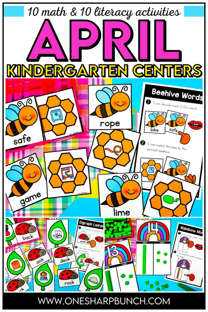 Get your little learners excited for spring with 20 April centers for kindergarten, featuring 10 literacy and 10 math activities! These spring math centers & spring literacy centers for kindergarten are not only great for center rotations but can also be used for morning work or early finishers. Students get to work on CVC words, syllables, and digraphs with the literacy activities. They also get to work on addition within 5, adding on a number line, and patterns with the math activities.