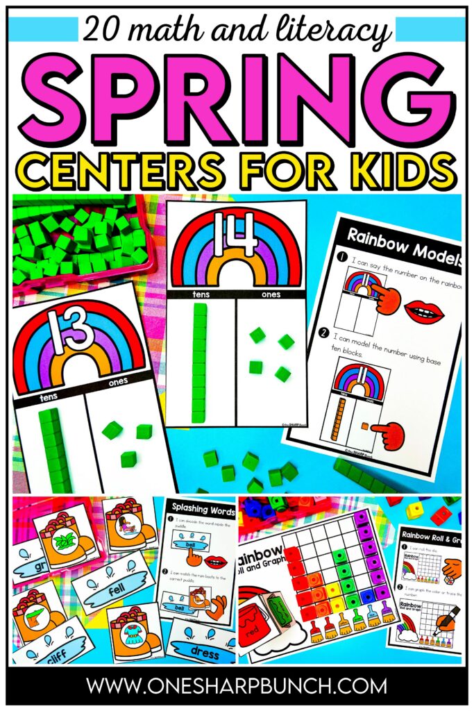 Get your little learners excited for spring with 20 April centers for kindergarten, featuring 10 literacy and 10 math activities! These spring math centers & spring literacy centers for kindergarten are not only great for center rotations but can also be used for morning work or early finishers. Students get to work on CVC words, syllables, and digraphs with the literacy activities. They also get to work on addition within 5, adding on a number line, and patterns with the math activities.