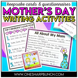Celebrate Mother’s Day with these low-prep Mother’s Day writing activities, including heartfelt Mother's Day questionnaires and printable Mother's Day cards. These low-cost Mother's Day gifts are great for preschool-3rd grade students! They can complete these Mother's Day crafts during writing or as a special Mother's Day project. Try these Mother's Day gift ideas with your elementary students today!