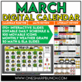 Jumpstart your morning meeting with these interactive daily March calendar slides! With over 170 digital calendar slides to choose from, you can easily establish a solid morning routine and build community. These no-prep, editable slides also include 25 math and 25 ELA daily slides, perfect for reviewing previously taught math and literacy skills in kindergarten. This consistent daily classroom routine is a great addition to calendar time, morning meeting, circle time, math talks, and more!