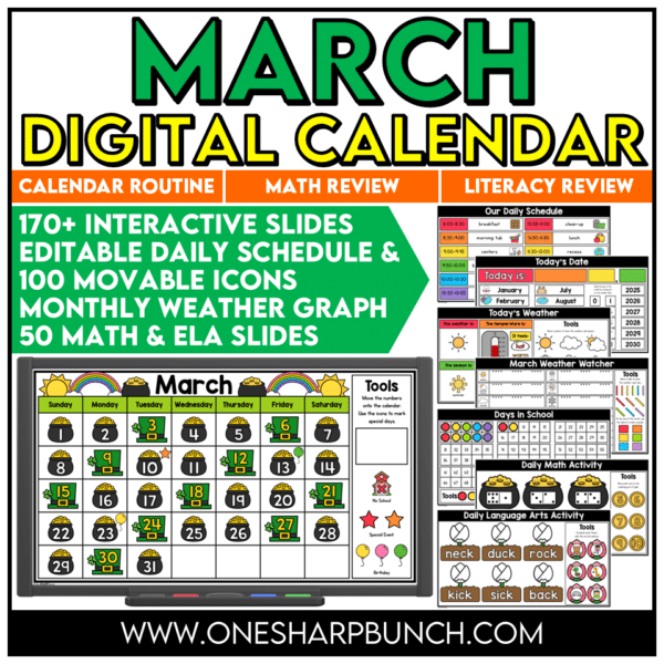 Jumpstart your morning meeting with these interactive daily March calendar slides! With over 170 digital calendar slides to choose from, you can easily establish a solid morning routine and build community. These no-prep, editable slides also include 25 math and 25 ELA daily slides, perfect for reviewing previously taught math and literacy skills in kindergarten. This consistent daily classroom routine is a great addition to calendar time, morning meeting, circle time, math talks, and more!