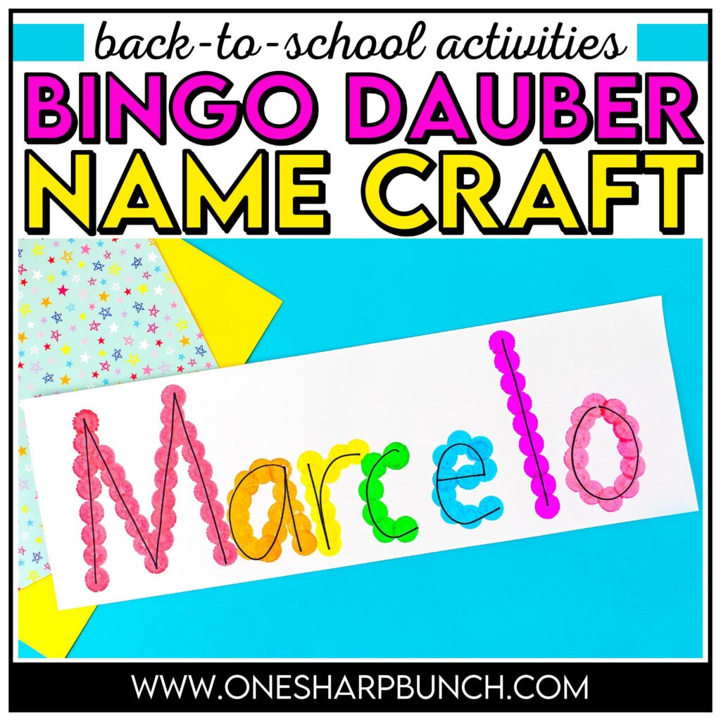 Strengthen fine motor skills while learning names during back to school with this simple bingo dauber name craft! This rainbow name craft is perfect for preschool and kindergarten name activities and name practice activities. Great back to school activities and back to school crafts, it also creates a bright back to school bulletin board. An easy name activity that doubles as engaging fine motor name activities for centers or small groups!