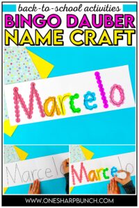 Strengthen fine motor skills while learning names during back to school with this simple bingo dauber name craft! This rainbow name craft is perfect for preschool and kindergarten name activities and name practice activities. Great back to school activities and back to school crafts, it also creates a bright back to school bulletin board. An easy name activity that doubles as engaging fine motor name activities for centers or small groups!
