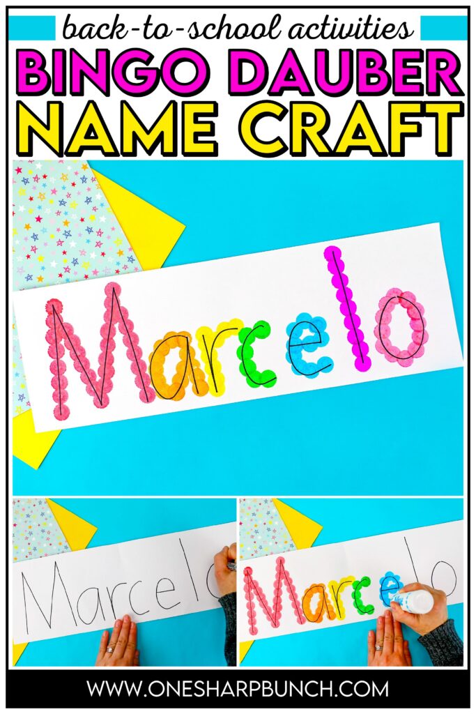 Strengthen fine motor skills while learning names during back to school with this simple bingo dauber name craft! This rainbow name craft is perfect for preschool and kindergarten name activities and name practice activities. Great back to school activities and back to school crafts, it also creates a bright back to school bulletin board. An easy name activity that doubles as engaging fine motor name activities for centers or small groups!