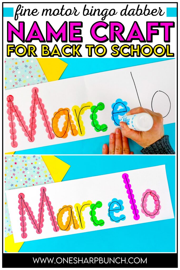Strengthen fine motor skills while learning names during back to school with this simple bingo dauber name craft! This rainbow name craft is perfect for preschool and kindergarten name activities and name practice activities. Great back to school activities and back to school crafts, it also creates a bright back to school bulletin board. An easy name activity that doubles as engaging fine motor name activities for centers or small groups!