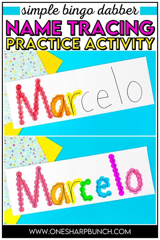 Strengthen fine motor skills while learning names during back to school with this simple bingo dauber name craft! This rainbow name craft is perfect for preschool and kindergarten name activities and name practice activities. Great back to school activities and back to school crafts, it also creates a bright back to school bulletin board. An easy name activity that doubles as engaging fine motor name activities for centers or small groups!