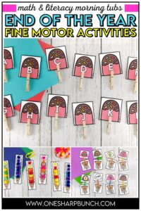 Keep students engaged, while strengthening fine motor skills, with these 20 math & literacy end of the year fine motor activities. These fine motor activities for kindergarten are the perfect soft start activities for morning work, kindergarten centers, early finishers, or fine motor tubs. Students can practice CVC words, syllables, word families, place value, number bonds, and 1:1 counting with these end of the year centers and morning tubs soft start ideas! Try these end of the year activities today!