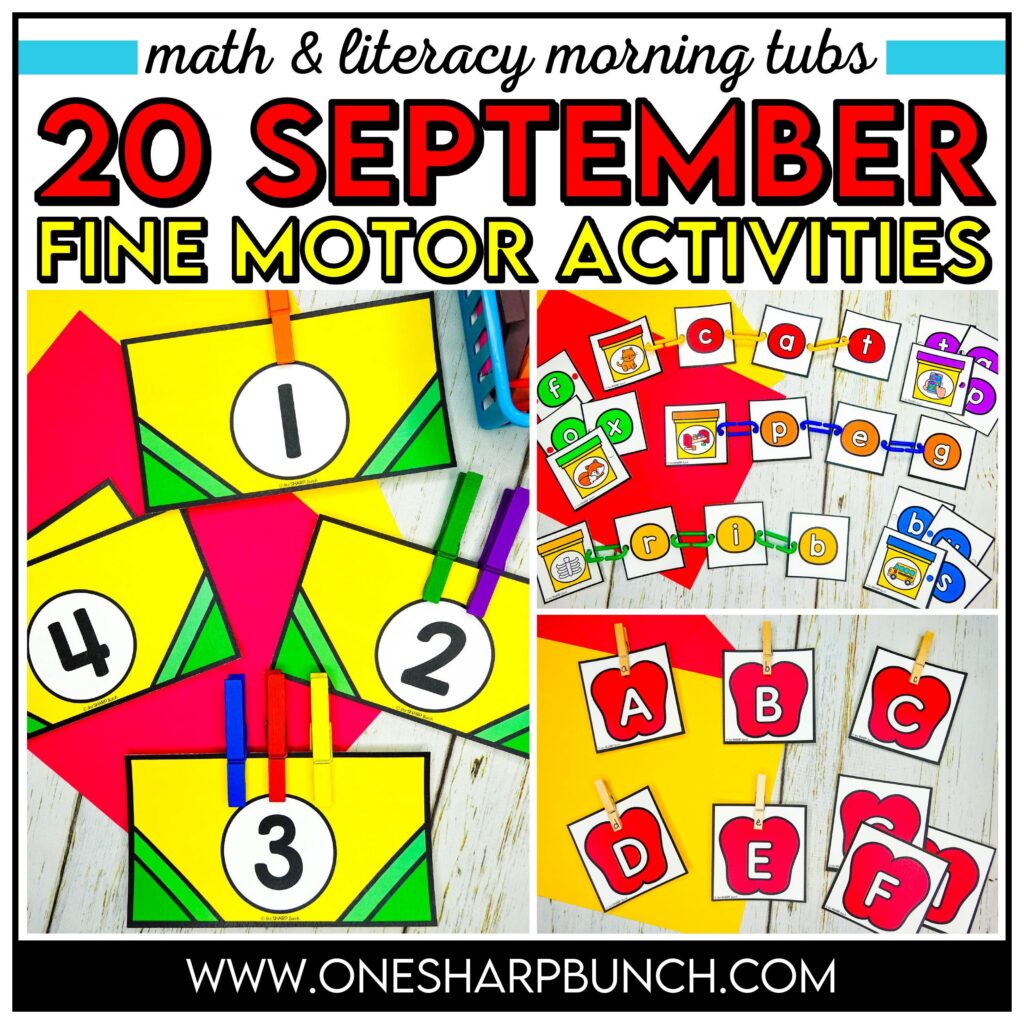 Build strength and independence with these September fine motor activities! They're perfect fall fine motor activities and fall centers for kindergarten, plus they also work well as back to school activities and back to school centers. Use them for morning tubs, soft start morning activities, and other soft start ideas that support successful soft starts in the classroom with engaging back to school fine motor activities.