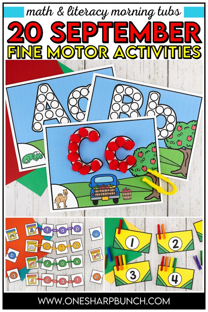 Build strength and independence with these September fine motor activities! They're perfect fall fine motor activities and fall centers for kindergarten, plus they also work well as back to school activities and back to school centers. Use them for morning tubs, soft start morning activities, and other soft start ideas that support successful soft starts in the classroom with engaging back to school fine motor activities.