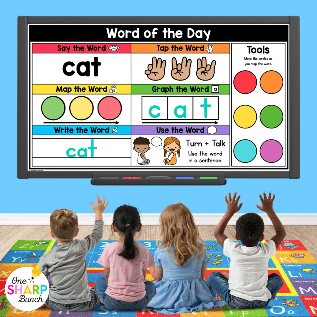 Transform calendar time in your kindergarten classroom with meaningful calendar time activities, simple tips, and engaging morning meeting ideas! After rotating through the daily calendar slides, complete the letter of the day, number of the day, shape of the day, and word of the day orthographic mapping slides. Then, use the built-in math and literacy review slides to build number sense and phonics/phonemic awareness skills during your morning meeting activities.
