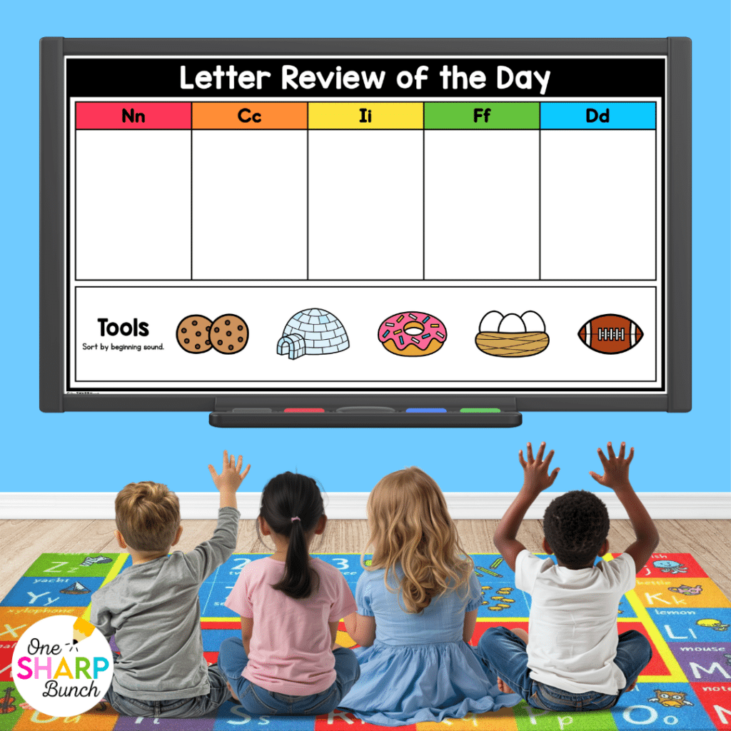 Transform calendar time in your kindergarten classroom with meaningful calendar time activities, simple tips, and engaging morning meeting ideas! After rotating through the daily calendar slides, complete the letter of the day, number of the day, shape of the day, and word of the day orthographic mapping slides. Then, use the built-in math and literacy review slides to build number sense and phonics/phonemic awareness skills during your morning meeting activities.
