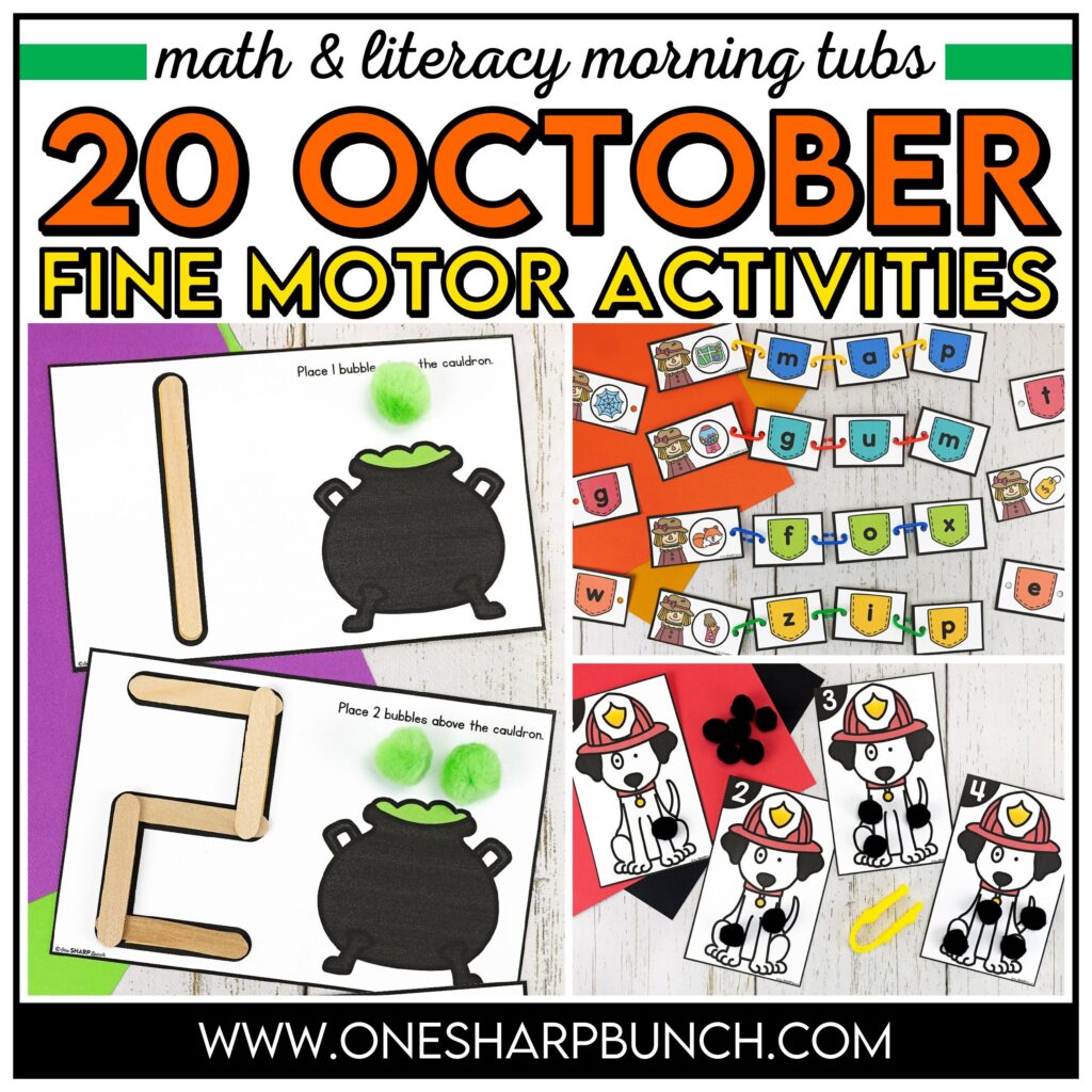 Explore 20 fine motor activities for October designed for kindergarten morning work, kindergarten centers, and early finishers with easy, hands-on fall themes. These fine motor morning tubs for kindergarten allow students to work on CVC words, beginning sounds, rhyming words and letter recognition. They also work on 2D shapes, nonstandard measurement, subitizing, 1:1 counting, and ten frames with the fall math activities. Learn more about these fall fine motor activities, here!