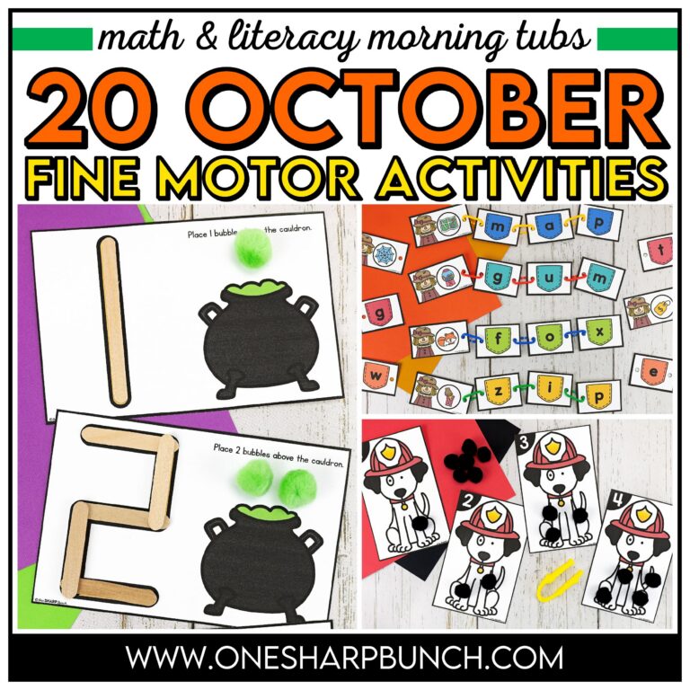 Explore 20 fine motor activities for October designed for kindergarten morning work, kindergarten centers, and early finishers with easy, hands-on fall themes. These fine motor morning tubs for kindergarten allow students to work on CVC words, beginning sounds, rhyming words and letter recognition. They also work on 2D shapes, nonstandard measurement, subitizing, 1:1 counting, and ten frames with the fall math activities. Learn more about these fall fine motor activities, here!