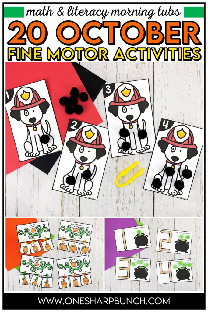 Explore 20 fine motor activities for October designed for kindergarten morning work, kindergarten centers, and early finishers with easy, hands-on fall themes. These fine motor morning tubs for kindergarten allow students to work on CVC words, beginning sounds, rhyming words and letter recognition. They also work on 2D shapes, nonstandard measurement, subitizing, 1:1 counting, and ten frames with the fall math activities. Learn more about these fall fine motor activities, here!