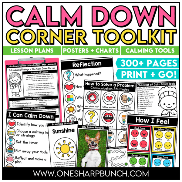 Build an effective Calm Down Corner in your classroom with this all-in-one toolkit filled with calm down corner posters, calm down corner visuals, and ready-to-use calming strategies that help students develop independence and self-regulation skills. Designed to make social emotional learning simple and consistent, this resource teaches breathing strategies, emotional regulation, and problem solving strategies through structured lessons, visuals, and hands-on supports. This comprehensive toolkit gives you everything you need to introduce, model, and maintain a Calm Down Corner that actually works in a busy classroom setting. Students learn how to recognize their emotions, choose appropriate calming strategies, and return to learning with confidence.