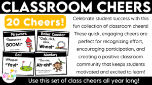 Celebrate student success while building classroom community with these fun and engaging class cheers! Perfect for back to school and the first week of school, these printable classroom cheers make it easy to recognize effort, celebrate accomplishments with meaningful shout outs, and create a positive classroom culture where every student feels valued!