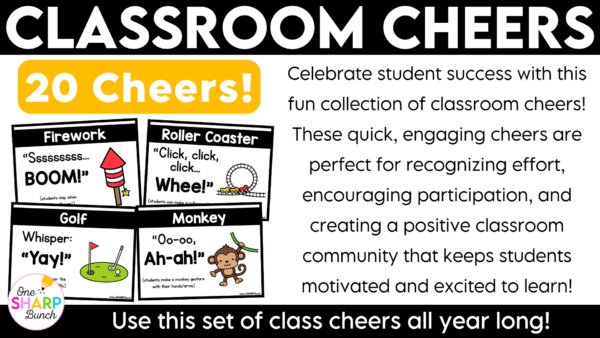Class Cheers and Shout Outs for Building Classroom Community Celebrate student success while building classroom community with these fun and engaging class cheers! Perfect for back to school and the first week of school, these printable classroom cheers make it easy to recognize effort, celebrate accomplishments with meaningful shout outs, and create a positive classroom culture where every student feels valued!