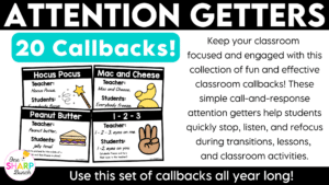 Capture students' attention in seconds with these engaging call and response classroom callbacks! Perfect for back to school and the first week of school, these fun class callbacks, attention getters, and attention grabbers help with building community while teaching routines and procedures that create a calm, focused, and well-managed classroom!
