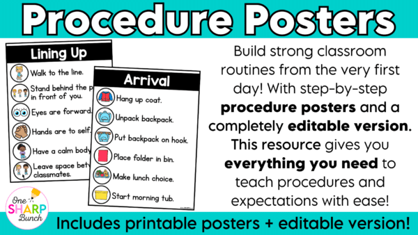 Editable Classroom Procedures, Routines, Rules, and Expectations Posters Establish strong routines and procedures from day one with these editable classroom procedures and routines posters! Perfect for back to school and the first week of school, this classroom management resource includes everything you need to explicitly teach classroom rules and expectations, model daily routines, and build student independence. Easily customize the editable posters to match the unique procedures and routines in your classroom!