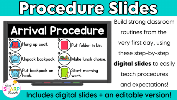 Editable Classroom Procedures, Routines, Rules, and Expectations Slides Establish strong routines and procedures from day one with these editable classroom procedures and routines slides! Perfect for back to school and the first week of school, this classroom management resource includes everything you need to explicitly teach classroom rules and expectations, model daily routines, and build student independence. Easily customize the editable slides to match the unique procedures and routines in your classroom!