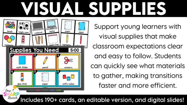 Editable Visual Supplies Visual Supply Cards Digital Slides Instructions Classroom Management Simplify classroom management with these editable visual supply cards and editable visual supply digital slides! Perfect for back to school and beyond, these visual supplies and supply visuals clearly show students exactly what materials they need for any lesson or activity. Designed to support consistent classroom routines and procedures, these visual supply cards reduce repeated questions, help students gather materials independently, and keep transitions and learning activities running smoothly!