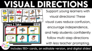 Establish clear classroom visual directions from day one with these printable visual direction cards and visual digital slides! Perfect for back to school and beyond, this classroom management resource helps you reinforce classroom routines, reduce repeated verbal directions, and clearly communicate expectations. With consistent visual cues for everyday tasks and activities, students always know what to do next, helping them build independence and stay engaged throughout the school day!