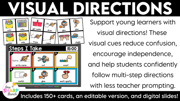 Editable Visual Direction Cards Digital Slides Instructions Classroom Management Establish clear classroom visual directions from day one with these printable visual direction cards and visual digital slides! Perfect for back to school and beyond, this classroom management resource helps you reinforce classroom routines, reduce repeated verbal directions, and clearly communicate expectations. With consistent visual cues for everyday tasks and activities, students always know what to do next, helping them build independence and stay engaged throughout the school day!
