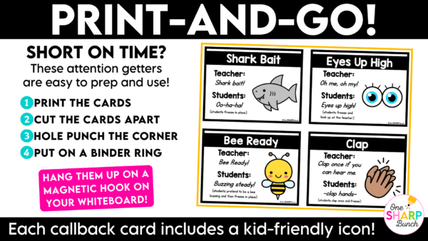 Call and Response Classroom Callbacks, Attention Getters, & Attention Grabbers Capture students' attention in seconds with these engaging call and response classroom callbacks! Perfect for back to school and the first week of school, these fun class callbacks, attention getters, and attention grabbers help with building community while teaching routines and procedures that create a calm, focused, and well-managed classroom!