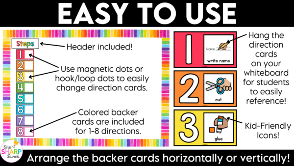 Editable Visual Direction Cards Digital Slides Instructions Classroom Management Establish clear classroom visual directions from day one with these printable visual direction cards and visual digital slides! Perfect for back to school and beyond, this classroom management resource helps you reinforce classroom routines, reduce repeated verbal directions, and clearly communicate expectations. With consistent visual cues for everyday tasks and activities, students always know what to do next, helping them build independence and stay engaged throughout the school day!