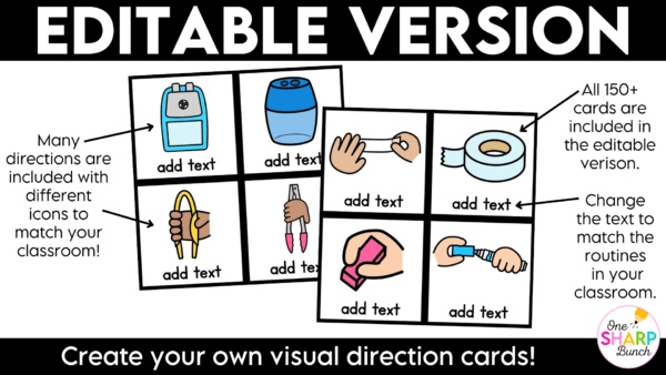 Editable Visual Direction Cards Digital Slides Instructions Classroom Management Establish clear classroom visual directions from day one with these printable visual direction cards and visual digital slides! Perfect for back to school and beyond, this classroom management resource helps you reinforce classroom routines, reduce repeated verbal directions, and clearly communicate expectations. With consistent visual cues for everyday tasks and activities, students always know what to do next, helping them build independence and stay engaged throughout the school day!