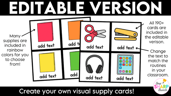 Editable Visual Supplies Visual Supply Cards Digital Slides Instructions Classroom Management Simplify classroom management with these editable visual supply cards and editable visual supply digital slides! Perfect for back to school and beyond, these visual supplies and supply visuals clearly show students exactly what materials they need for any lesson or activity. Designed to support consistent classroom routines and procedures, these visual supply cards reduce repeated questions, help students gather materials independently, and keep transitions and learning activities running smoothly!